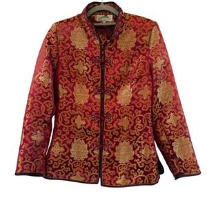 Vintage Chinese Brocade Jacket Yushan Red Frog Closure Mandarin Collar Lined